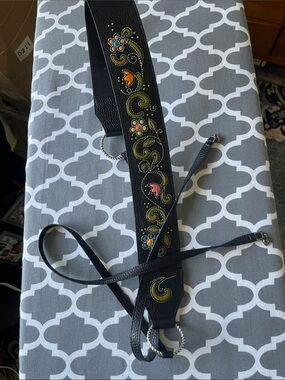 Brighton Black Leather Belt Embellished W/Embroidery Silver Studs & TiesW/Hearts